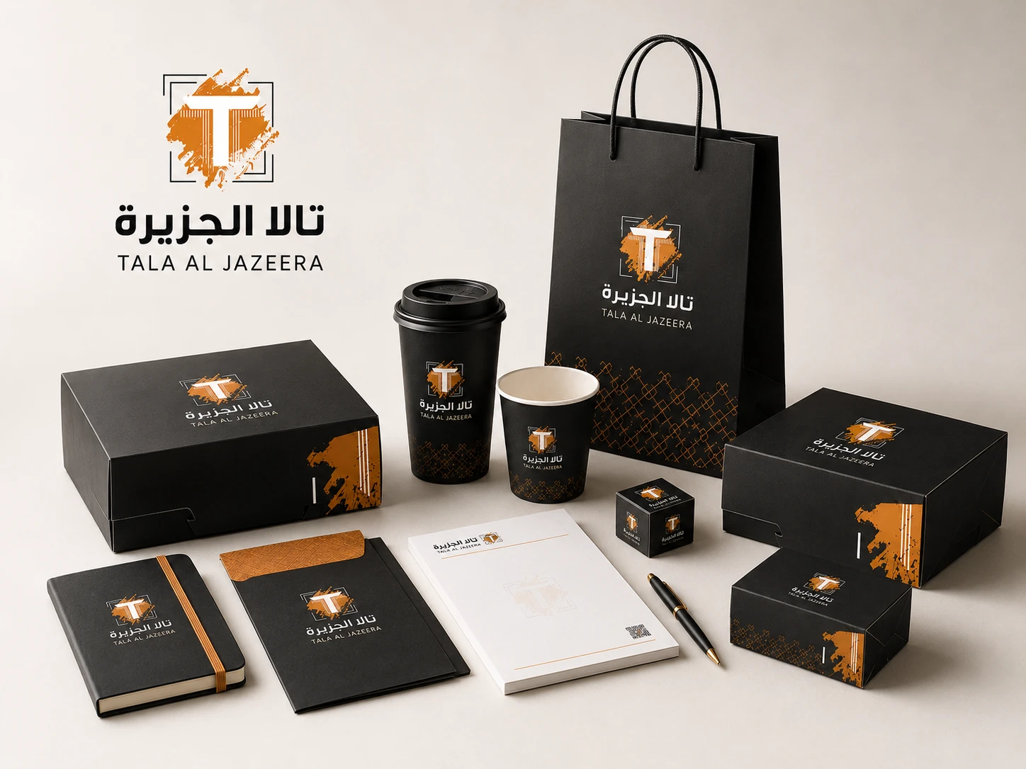 منتجات مطبوعة من تالا الجزيرة تشمل بوكسات وأكياس وأكواب ومطبوعات